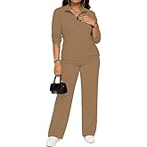 PINSV Women's 2 Piece Outfits Sweatsuit Lapel Half Zip Sweatshirts Wide Leg Pants Set Tracksuit