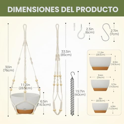 Bamworld Set of 3 Macrame Hanging Planters with Self-Watering, Plant Pot Holder and Balcony Planters 28/23/20 cm with Chains, White