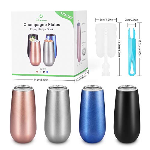 Champagne Flutes,Binken 4 Pack Stemless Champagne Flute,6 OZ Champagne Glasses Double Insulated Wine Tumbler with Lid and Cleaning Brush-Perfect for Hot or Cold Drinks (4 Different Colors) - Thumbnail 6