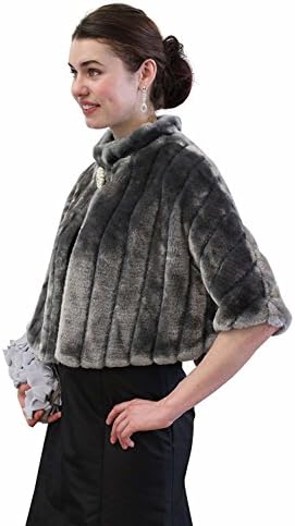 Tion Design Gray Faux Fur Mink Cape With Free Brooch Pin, Evening Cover Up, Party Shrug