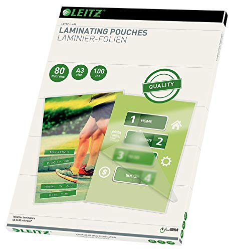 Leitz 33819 Laminating Pouches Made of 80 Micron Thick Material (Transparent, Glossy, A3) - Pack of 100