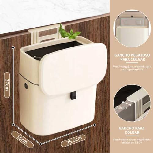 10L Cubo de Basura Colgante,Basurero para Cocina,Bote de Basura con Tapa,Cesto de Basura de Pared de Cocina,Cubo de Basura con Tapa,Deslizante Abierto,Adecuado pare Dormitorio,Oficina,Baño