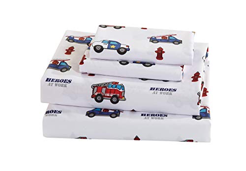 Mk Home 5pc Twin Size Comforter Set for Boys Heroes on Call Firetruck Police Car Ambulance Red Blue White New - Thumbnail 2