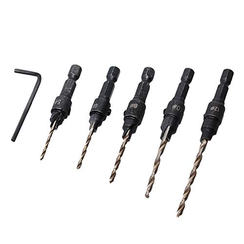 KingBra Juego de 6 brocas avellanadas de acero de alta velocidad, 5, 6, 8, 10, 12 mm, ajustable, de cambio rápido, con…