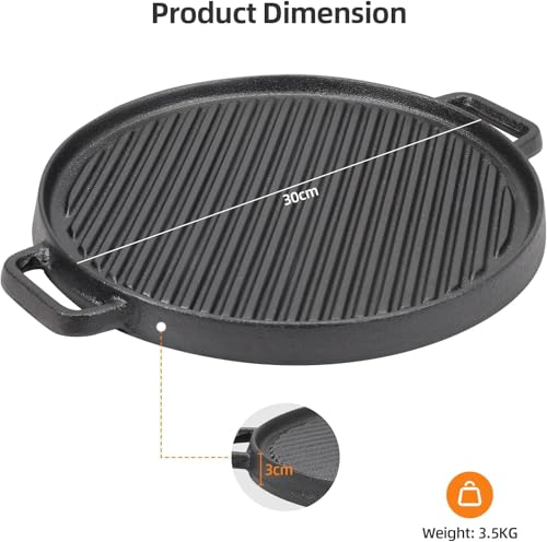 Double-Sided Cast Iron Griddle Pan, Non-Stick Pre-Seasoned Cast Iron Skillet BBQ Grill Plate, 30cm Non-Stick Griddle Pan with Handles for Gas Electric and Oven Safe, Round