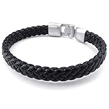 KONOV Mens Leather Bracelet, Braided Bangle, Black