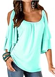 Merryfun Women's Summer Cold Shoulder Ruffle Sleeve Loose Stretch Tops Tunic Blouse Shirt,Lake Blue 2XL