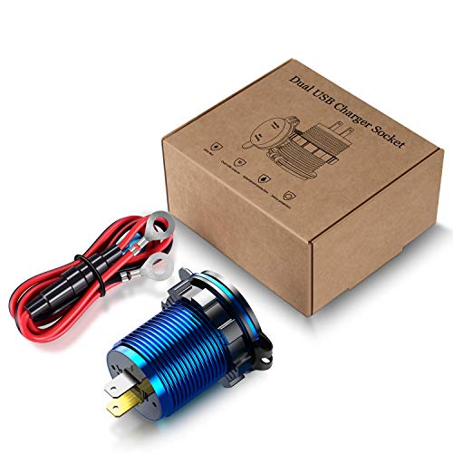 YONHAN Quick Charge 3.0 Dual USB Charger Socket, Waterproof Power Outlet Fast Charge with LED Voltmeter & Wire Fuse DIY Kit for 12V/24V Car Boat Marine ATV Bus Truck and More - Deep Blue