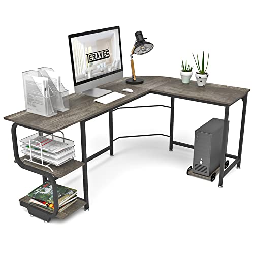 Teraves Reversible L Shaped Desk with Shelves Round Corner Computer ...