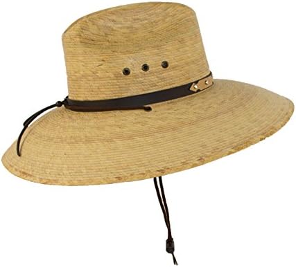 Natural Palm Leaf Straw Super Wide Brim Lifeguard Hat with Chin Strap, Flex Fit (Natural)