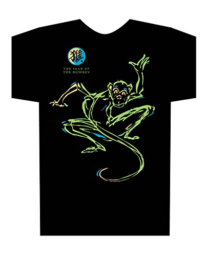 Asian Oriental Chinese Zodiac Neon-NRG Black T-Shirt - Year of the Monkey: Birth years 1932, 44, 56, 68, 80, 92, 2004, 2016