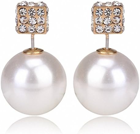 Fashion Womens Lady Earring Double Side Pearl Square Crystal Ear Studs Earrings Shiny White