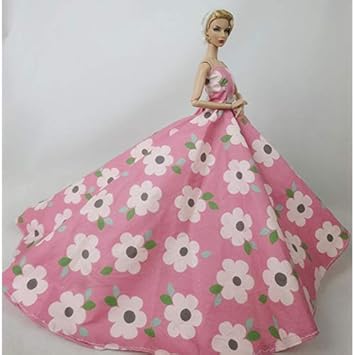 DSstyles Mini Pink Flower Printing Multi-Layer Long Trailing Lace Dress for 30cm Toy