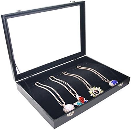 Glitterymall Black Velvet 20 Hook Necklace Display Organizer Jewelry Bracelets Chains Tray Showcase Case Holder Box with Glass Cover Lock Closure for Women Girls Collection, Drawer Insert