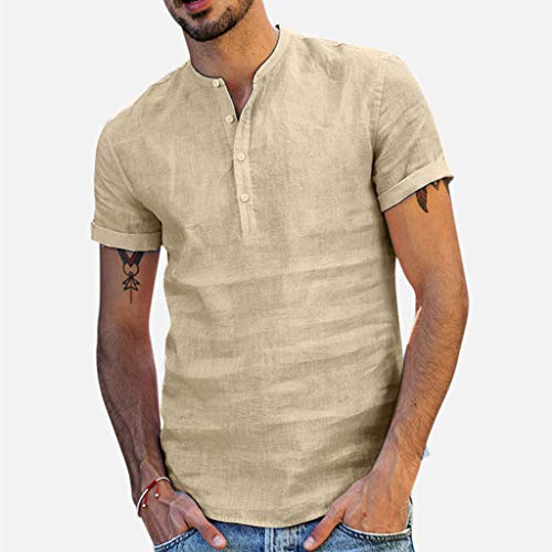 Ximandi Men's Baggy Cotton Linen SOID Color Short Sleeve Retro T Shirts Tops Blouse Khaki