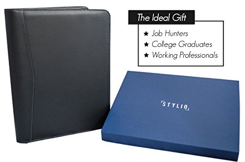 STYLIO Zippered Portfolio w Premium Pen, Padfolio Binder, Interview Resume Document Organizer. Internal Holders: iPad/Tablet (up to 11"), Phone & Business Cards. Faux Leather Case. w Notepad (Letter)