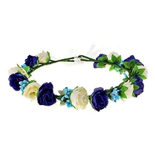 Love Sweety Rose Floral Crown Flower Headband Hair Wreath for Wedding Featival (Blue White) - Thumbnail 2