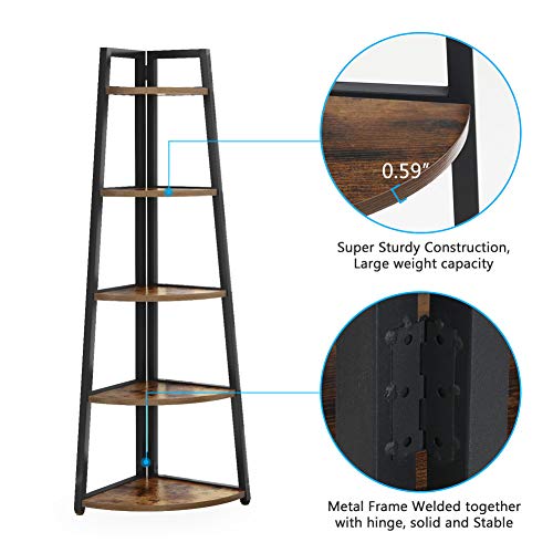 Rustic 5 Tier 70 Inch Tall Corner Shelf Bookshelf, Industrial Small