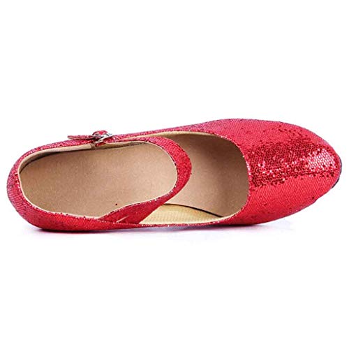 Womens Glitter Sequins Dance Shoes Buckle Strap Mid-High Heels Shoes Ballroom Latin Tango Rumba Performance Shoes (US:8, Red) - Thumbnail 5