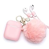 Airpods Case - BlUEWIND Drop Proof Air Pods Protective Case Cover Silicone Skin for Apple Airpods 2 & 1 Charging Case, Cute Fur Ball Airpods Keychain/Strap, [Front LED Not Visible], Pink