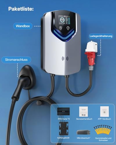 Wallbox 11kW with App & RFID - 3-Phase Type 2 EV Charger 400V, 6-16A, 8M Cable with Cable Holder - RCD Type B & IP54, Setting Start Time Efficient Charging Station for Home for BEV PHEV
