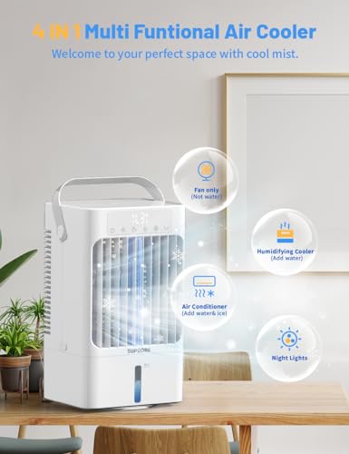 Climatiseur Mobile Portable,Refroidisseur D'air Silencieux 900 ml,4 en 1 Mini Climatisation USB Ventilateur,3 Vitesses de Ventilateur,2 Modes D'humidification Pour Personal,Maison,Bureau (Blanc)