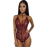 OQC Women's Choker V Neck Lace Babydoll Bodysuit Lingerie Underwear Set Red