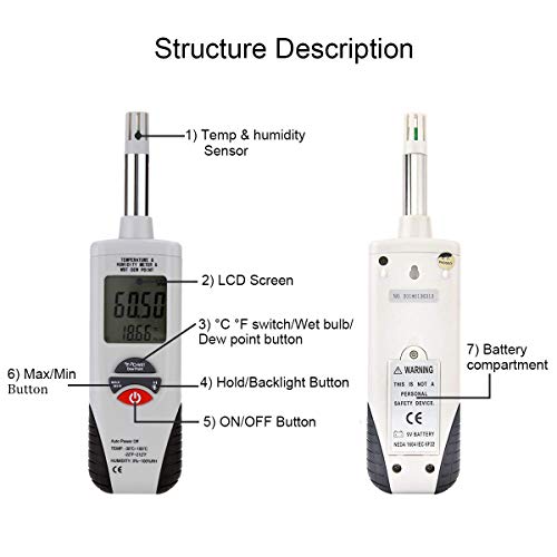 Lancoon Digital Psychrometer, Mini Portable Thermo-Hygrometer Temperature Humidity Meter with Dew Point/Wet Bulb Temperature and -22°F to 199°F(-30°C to 100°C) Range for Industry Agriculture HVAC - Thumbnail 3