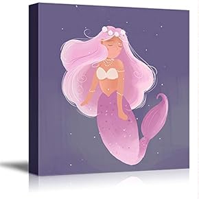 Canvas Wall Art Cartoon Beautiful Mermaid Painting Artwork for Home Prints Framed - 12x12 inches