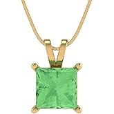 Clara Pucci 2 cttw Green Simulated Diamond Yellow Gold-Plated Silver Necklace and Pendant for Women (16" Box Chain,Princess Cut,7.0mm)