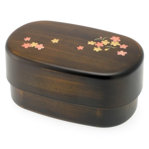 Kotobuki 2-tiered bento box, woodgrain/cherry (sakura) blossom