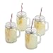 Mason Jar Mugs with Handle, SILVER Lid and Plastic Straws. 16 Oz. Each. Old Fashion Drinking Glasses - Pack of 4. By Premium Vials