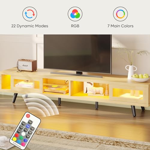 Bestier Mid Century Modern TV Stand for 75 inch TV, 70 inch TV Stand with Storage and Tempered Glass Sliding Doors, Low Profile TV Consoles, Stylish, LED Light, Modern, White Maple