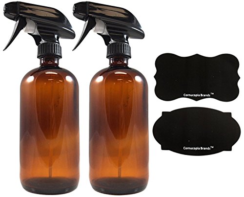 16oz Amber Boston Round Glass Spray Bottles w/Reusable Chalk Labels (2 Pack), Heavy Duty Mist & Stream Sprayer; Great for Essential Oils