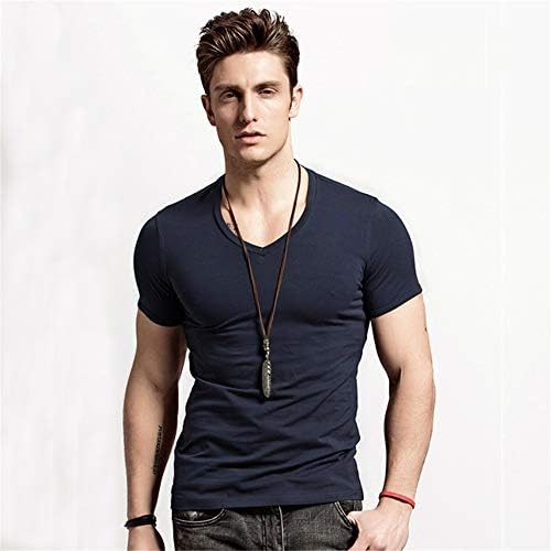 XUDIANG Men's Solid Color Short Sleeve V-Neck Henry Shirt Round Neck Slim Casual T-Shirt-(V-Blue S)