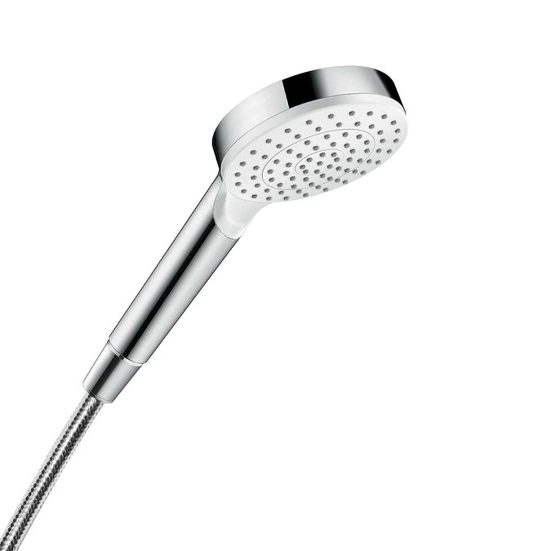 hansgrohe Crometta - water-saving shower head 6,7 l/min (EcoSmart), hand shower round (100 mm) with 1 spray, with anti-limescale function, white/chrome, 26333400