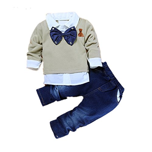 2pcs Toddler Baby Boys Bow Tie Shirt Tops+Denim Pants Gentleman Clothes Outfits (1T-2T) Yellow