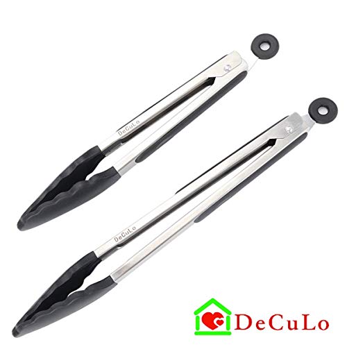 DeCuLo Kitchen Tongs with Silicone Tips, Tongs Set 2 (9 & 12 Inch), Heavy Duty, Non-Stick Stainless Steel Silicone Tongs for Cooking