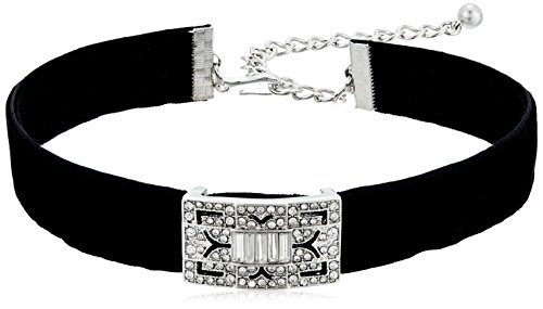 Kenneth Jay Lane Gargantilla de terciopelo negro con plata / cristal Deco, extensor de 12 + 4
