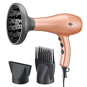 Amazon.com: NITION Secador de pelo de cerámica de iones negativos con  accesorio difusor, secador iónico de secado rápido, 1875 W, 2 velocidades,  3 ajustes de calor, botón de disparo, ligero, color dorado