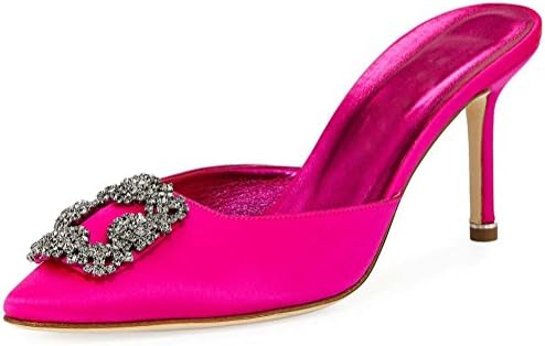 Mavirs Women's Satin Pointy Toe Slide Sandals Rhinestones Kitten Heels Pumps Jeweled Slingback Heeled Mules Shoes 8.5 M US