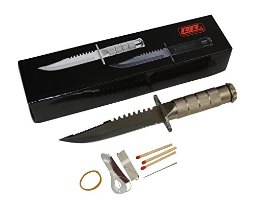 Rogue River Tactical Hunting Knife Silver Serrated Blade 8.5 Inch Survival Knife Heavy Duty with Kit & Sheath Camping Fishing Matches Fish hooks Needles Compass