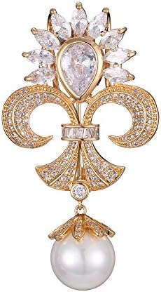 Eseres Gold Fleur-de-lis Brooches and Pins Zircon Brooch with Pearl