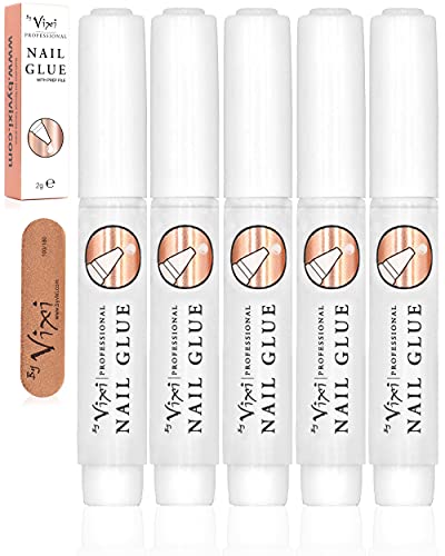 2ml x5 By Vixi EXTRA STRONG NAIL GLUE with File for False Nails, Press Ons, Tips & Acrylics, Quick Dry, Super Strong Nail Bond Adhesive for Mess Free Press-On Fake Nails – Salon Strength, Long Lasting
