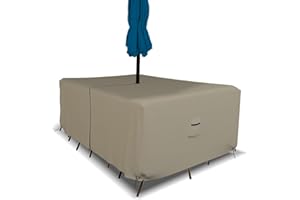 Covers & all Rectangle Table & Chair Set Cover, Umbrella Hole, 12 Oz Waterproof UV & Weather Resistant, Patio Lawn Garden Backyard Furniture, Air Vents & Drawstrings (76''L x 46''W x 30''H, Beige)