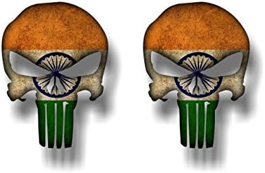 2 India Flag Wicked Skull 5'' Vinyl Decals Ammo Skulls Ashoka Chakra Sticker Indian Design Stickers ((2) 4"x 5" Decals)