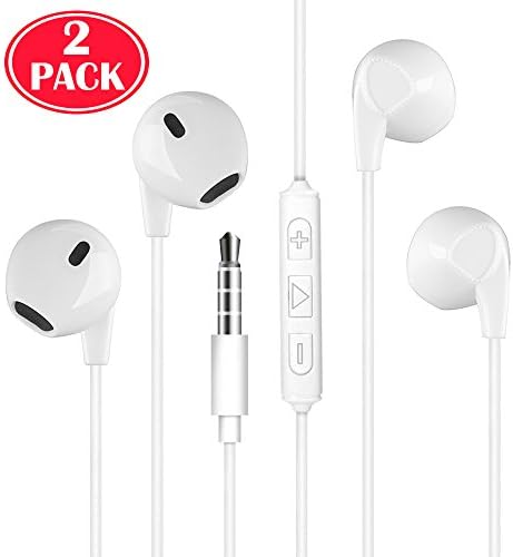 Headphones with Microphone [2 Pack] Premium Earbuds Stereo Earphones and Noise Isolating Headset for Apple iPhone iPod iPad Samsung Galaxy and More Android Smartphones - White