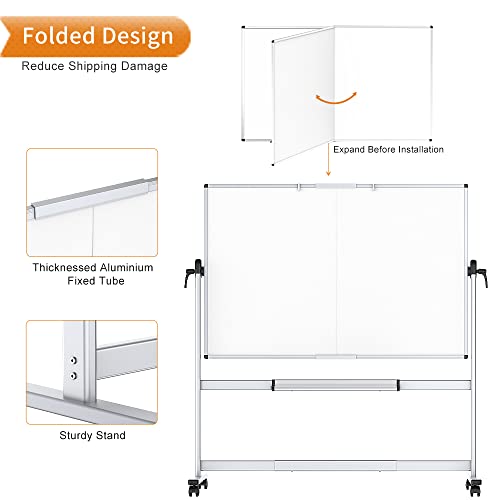 VIZ-PRO Double-Sided Mobile Whiteboard, 72 x 48 Inches, Magnetic Rolling Dry Erase White Board on Wheels with Aluminium Frame and Stand