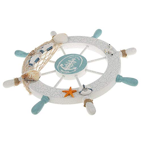 DierCosy Nautical Beach Wooden Boat Ship Steering Wheel Fishing net Shell Home Wall Decoration White Fish