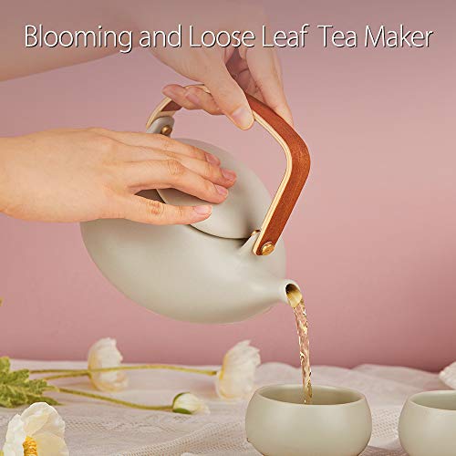 ZENS Teapot with Infuser,Modern Ceramic Japanese Tea Pot 27 Ounces with Bentwood Handle for Loose Tea and Adults, Matte Grey 800ML - Thumbnail 4
